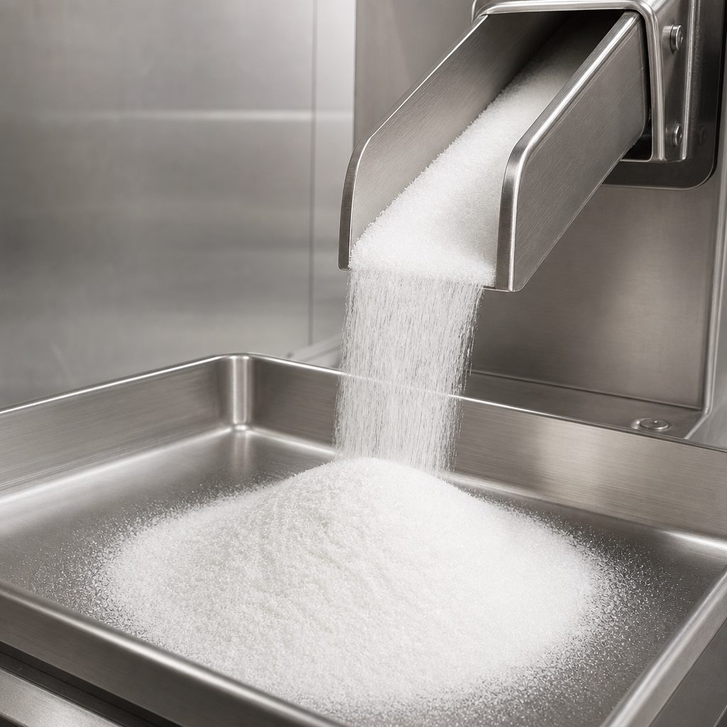 Gastrodin powder flowing from a stainless steel chute onto a drying tray