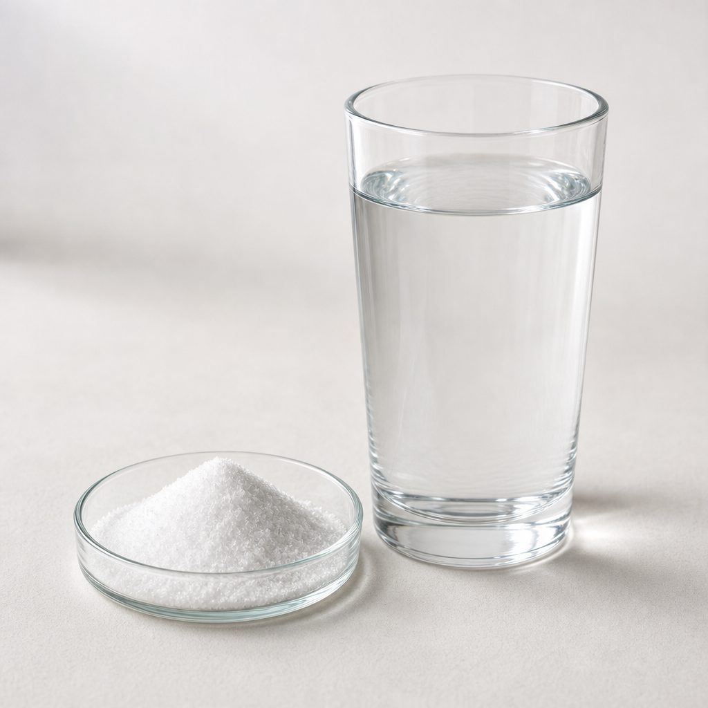 Gastrodin powder beside a glass of still water