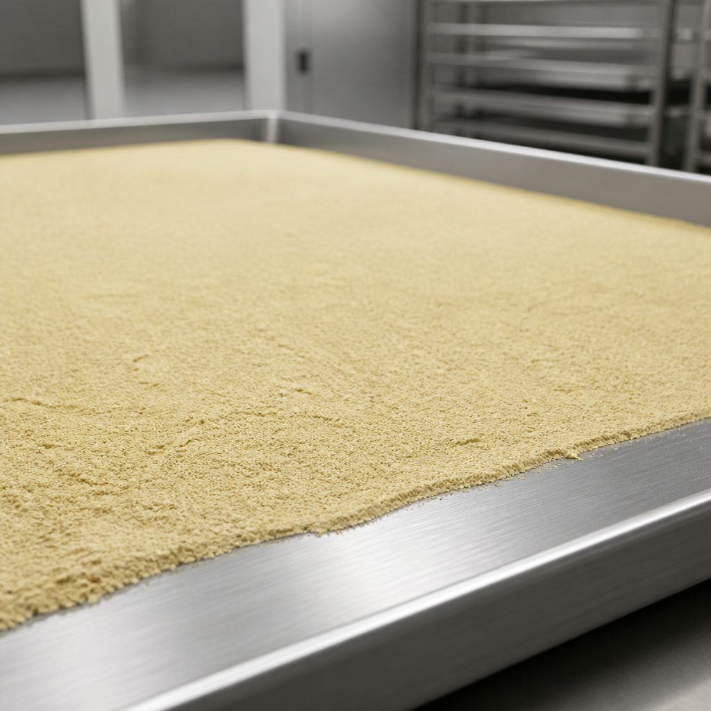 Glucoraphanin powder bed on a stainless steel drying tray