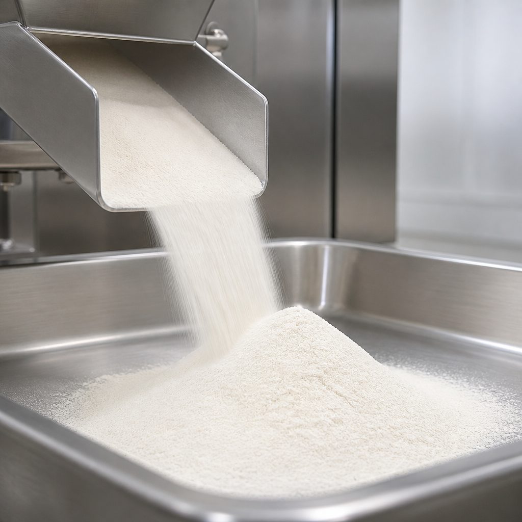 Glycerylphosphorylcholine powder flowing from a stainless steel chute