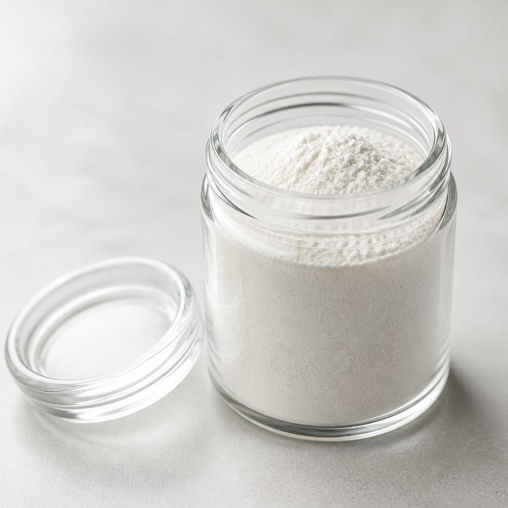 Glycerylphosphorylcholine powder in an open glass jar with its lid beside