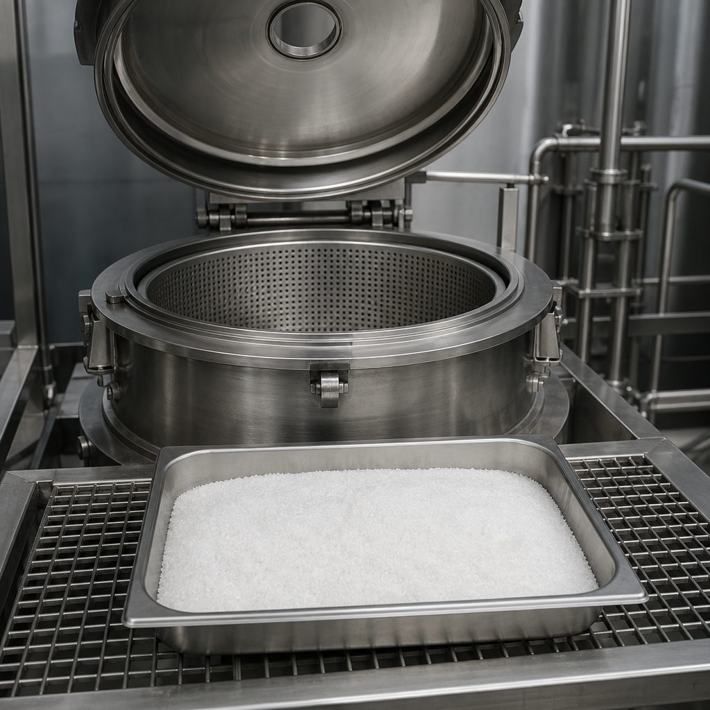 Powder tray beneath a stainless basket centrifuge with its lid raised