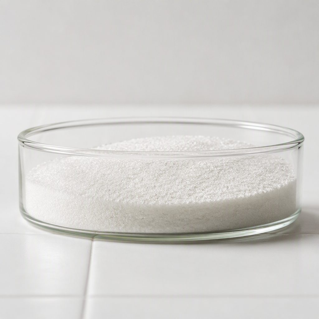 White crystalline powder in a glass dish shot side-on on a white tile
