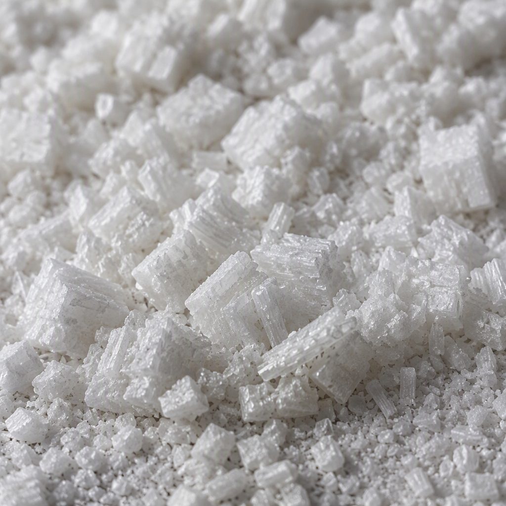 Fine mixed-habit white harpagoside crystals with small clusters, macro texture