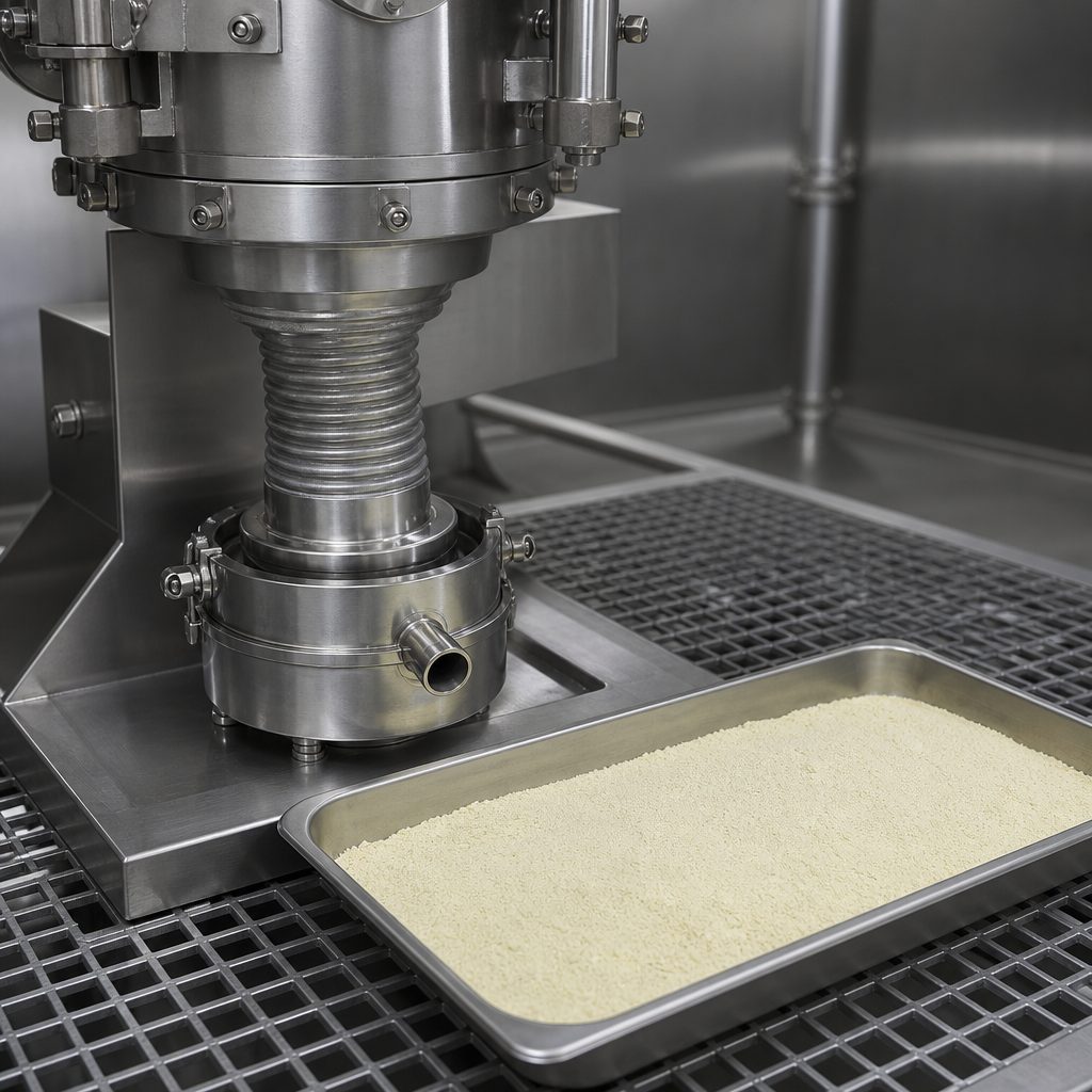 Pale yellow powder tray beside a stainless pin mill and sleeve feeder