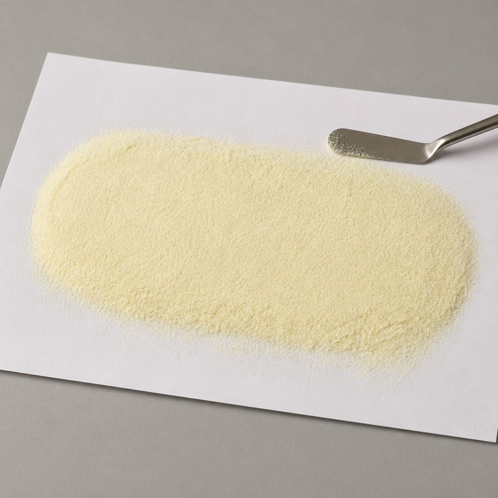 Pale yellow powder spread on plain white paper with a steel spatula