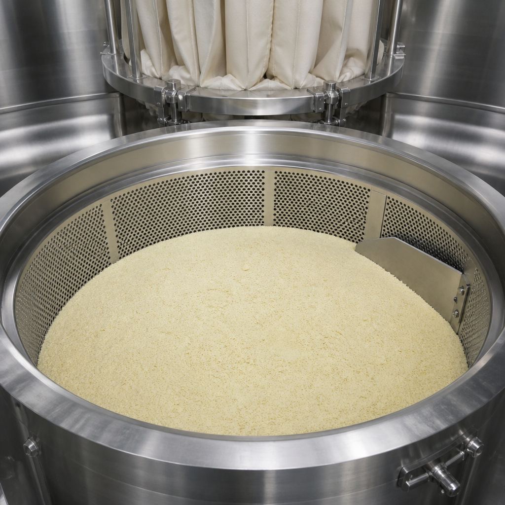 Pale yellow powder bed in the open bowl of a stainless fluid-bed dryer