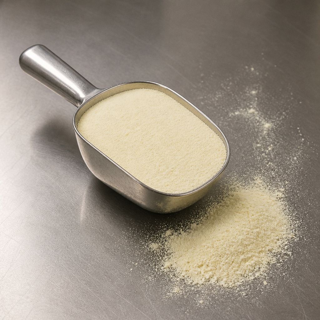 Level stainless scoop of pale yellow powder with a soft spill on a steel bench