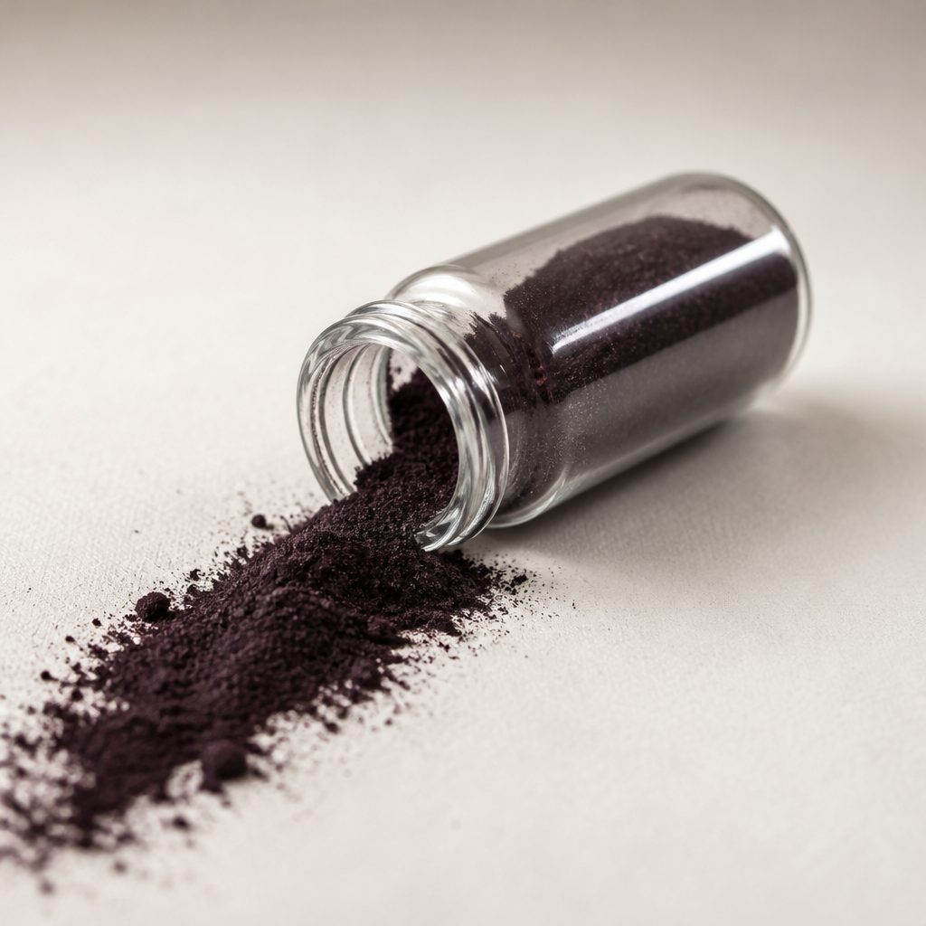 Hypericin powder spilled from a toppled glass vial