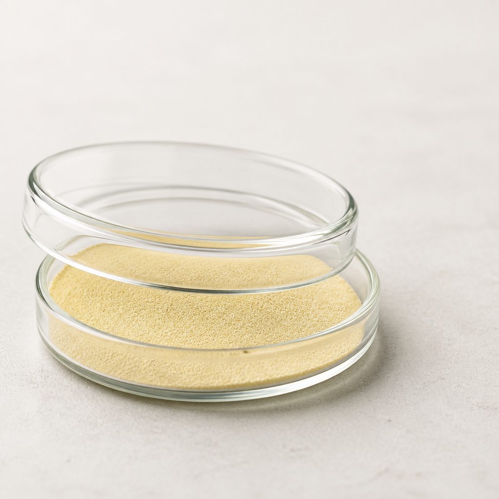 Icariin powder between two glass dishes with one inverted as a cover