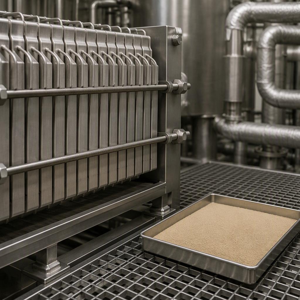 Powder tray beside a stainless plate-and-frame filter press