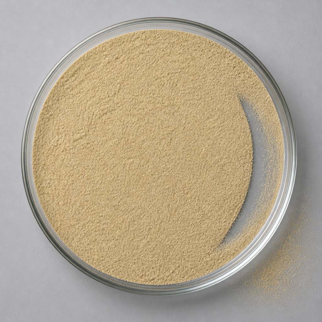 Pale khaki jasmine tea powder in a glass dish on a cool grey surface