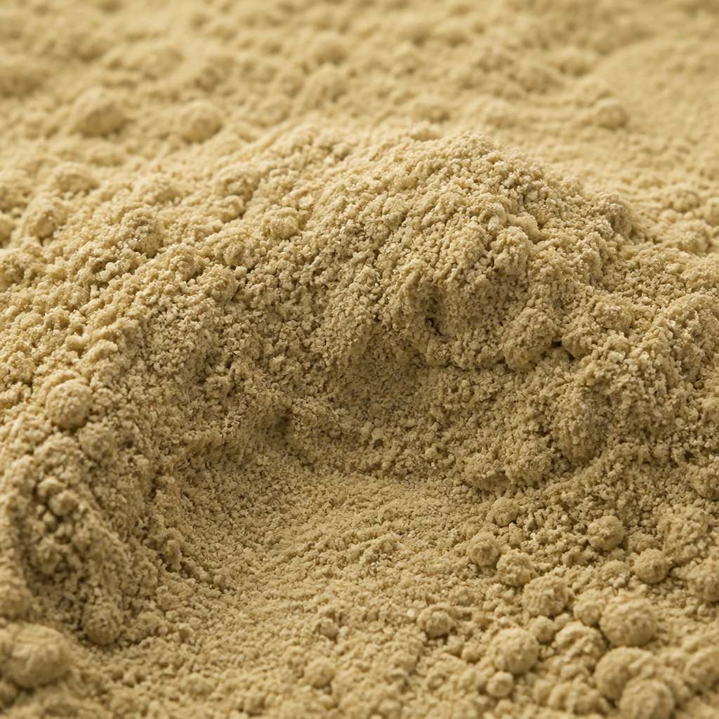 Fine pale khaki instant jasmine tea powder, macro texture