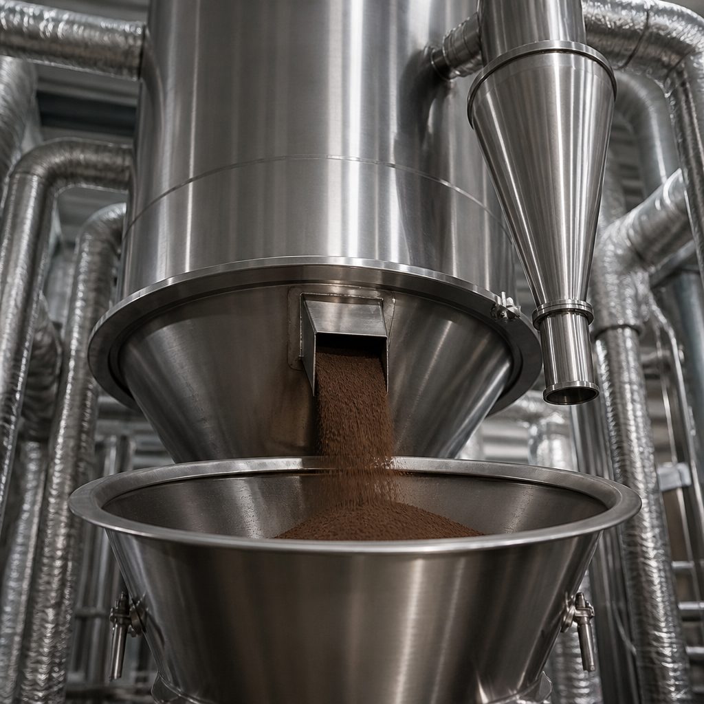 Dark brown powder leaving the cyclone of a stainless spray-drying tower