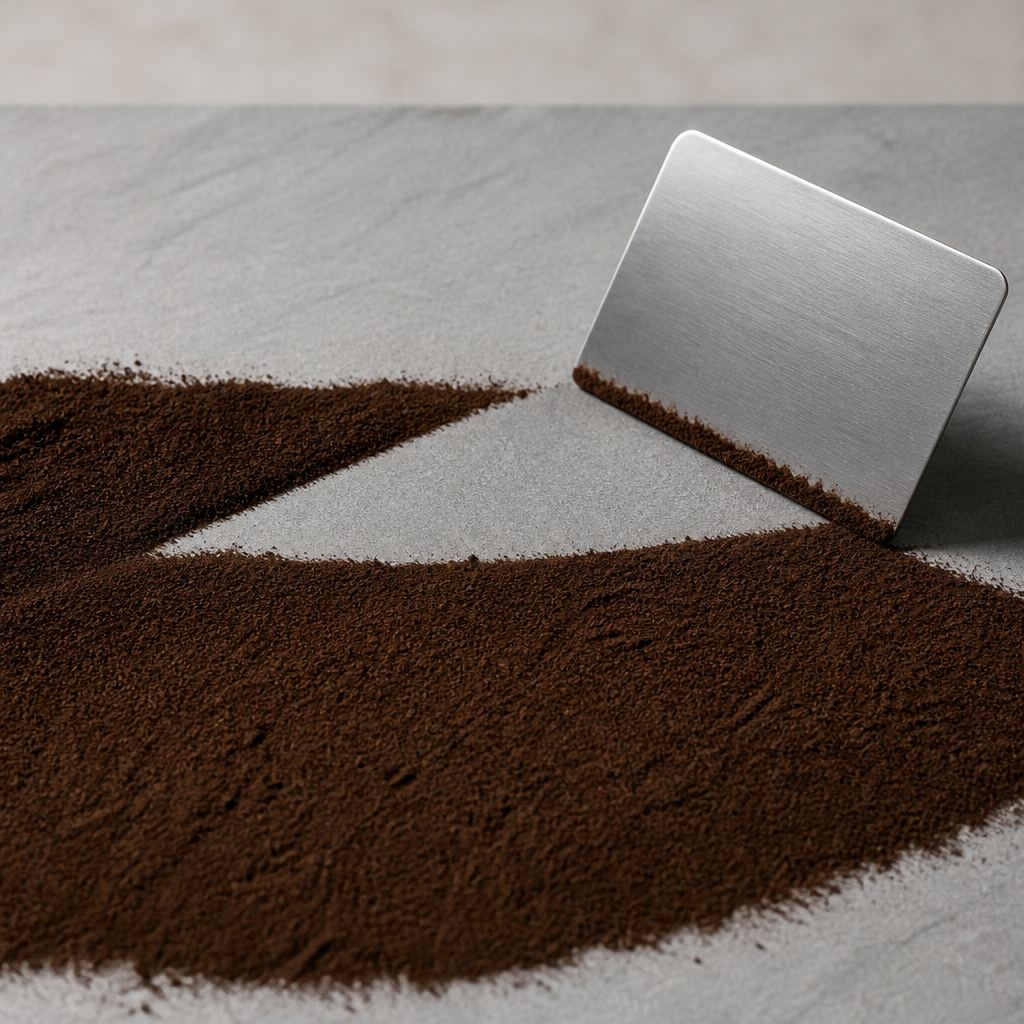 Deep brown Pu-erh powder banked across a pale slate tile with a steel card