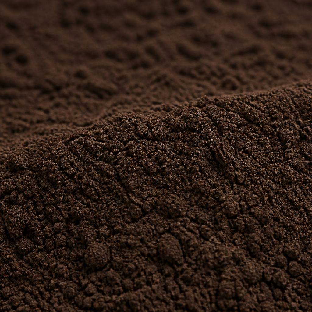 Fine deep dark brown instant Pu-erh tea powder, macro texture
