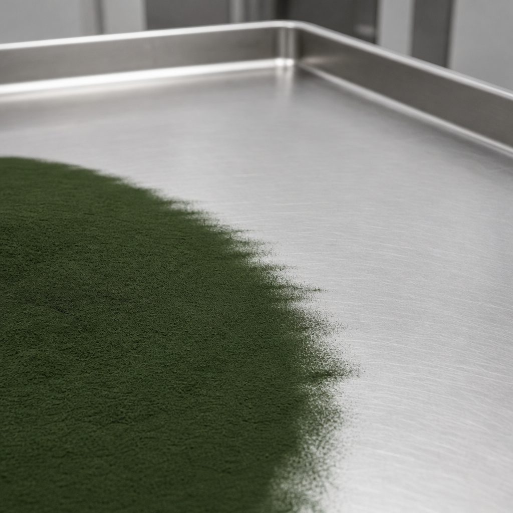 Isatis leaf extract powder swept across a stainless steel tray