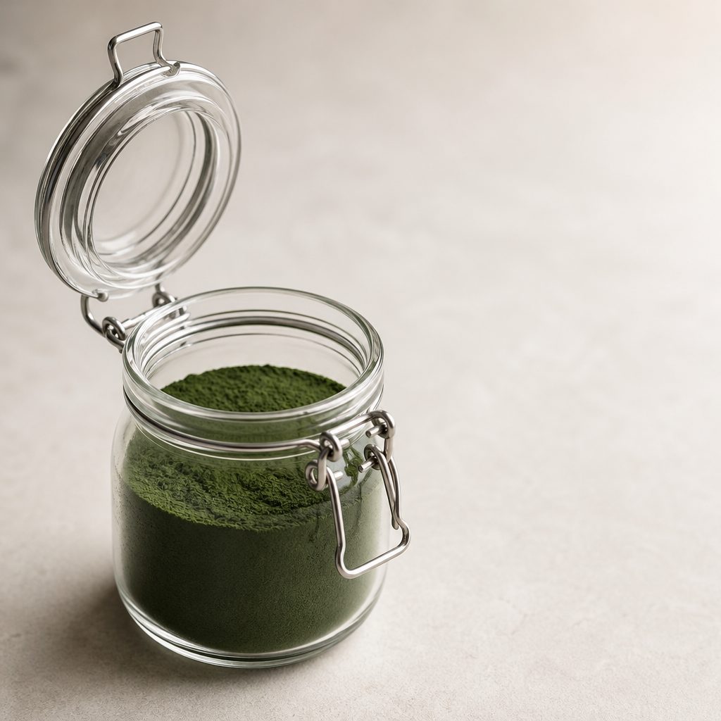 Isatis leaf extract powder in a glass clip-lid jar standing open