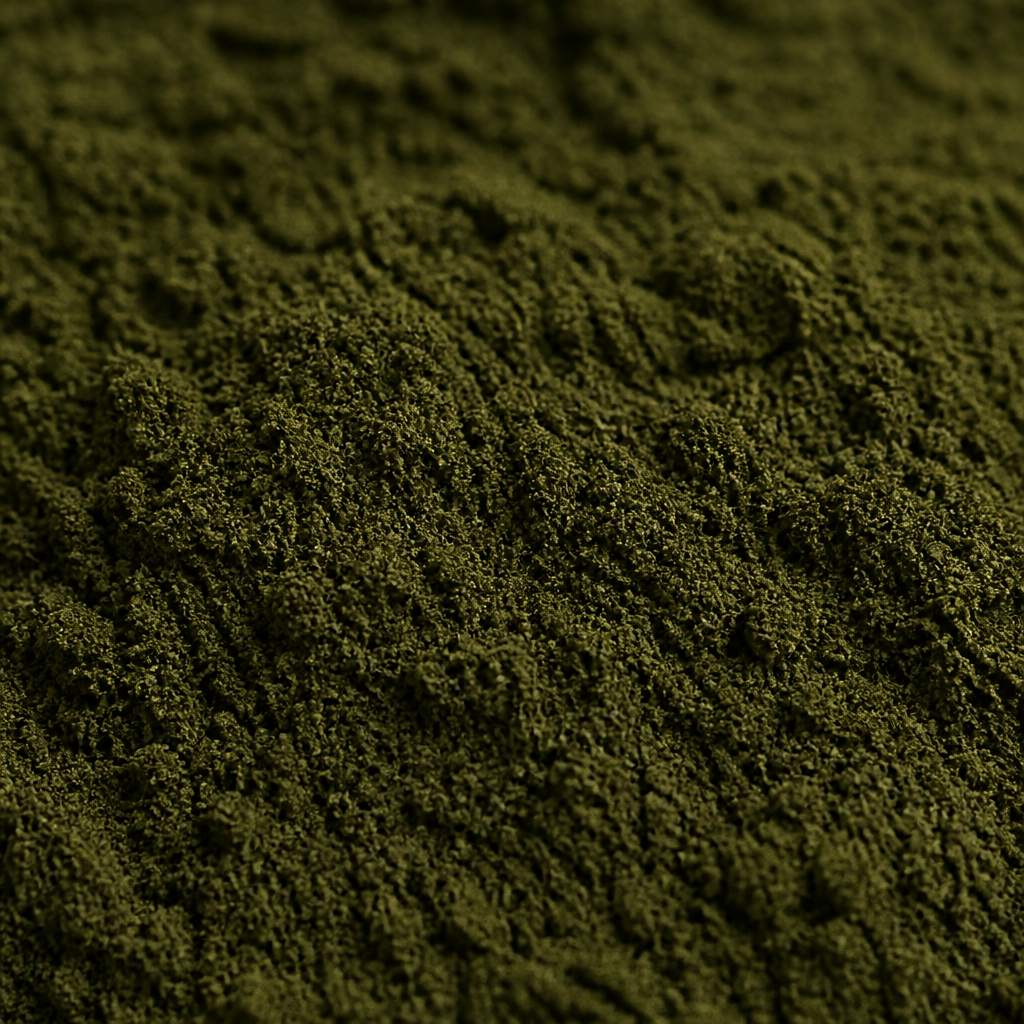 Deep dark green isatis leaf extract powder texture close-up