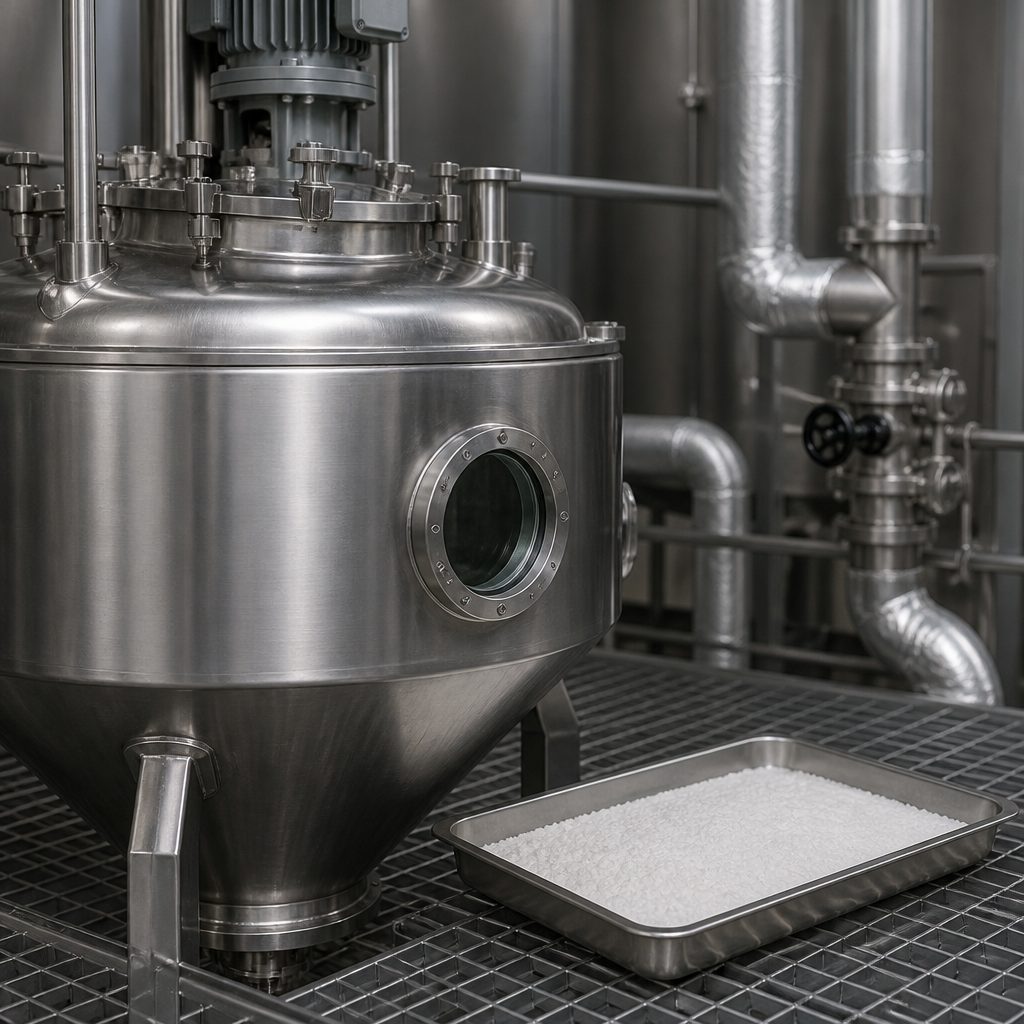 Powder tray beside a stainless vacuum crystalliser with a conical base