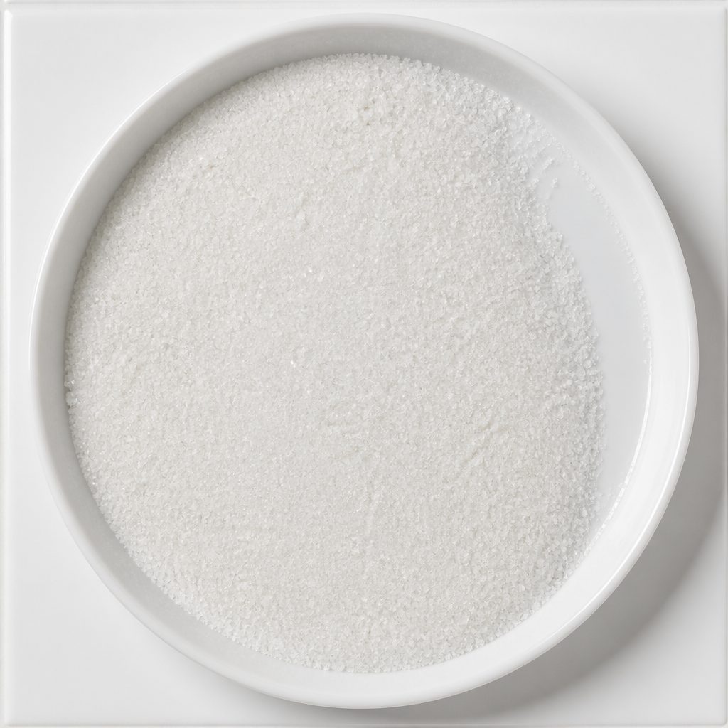 White L-carnosine crystals layered in a white dish on a white tile