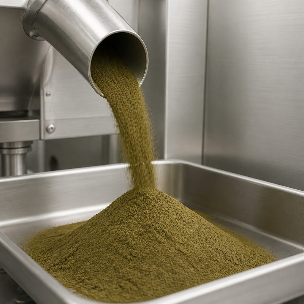 Leonurus extract powder flowing from a stainless steel chute