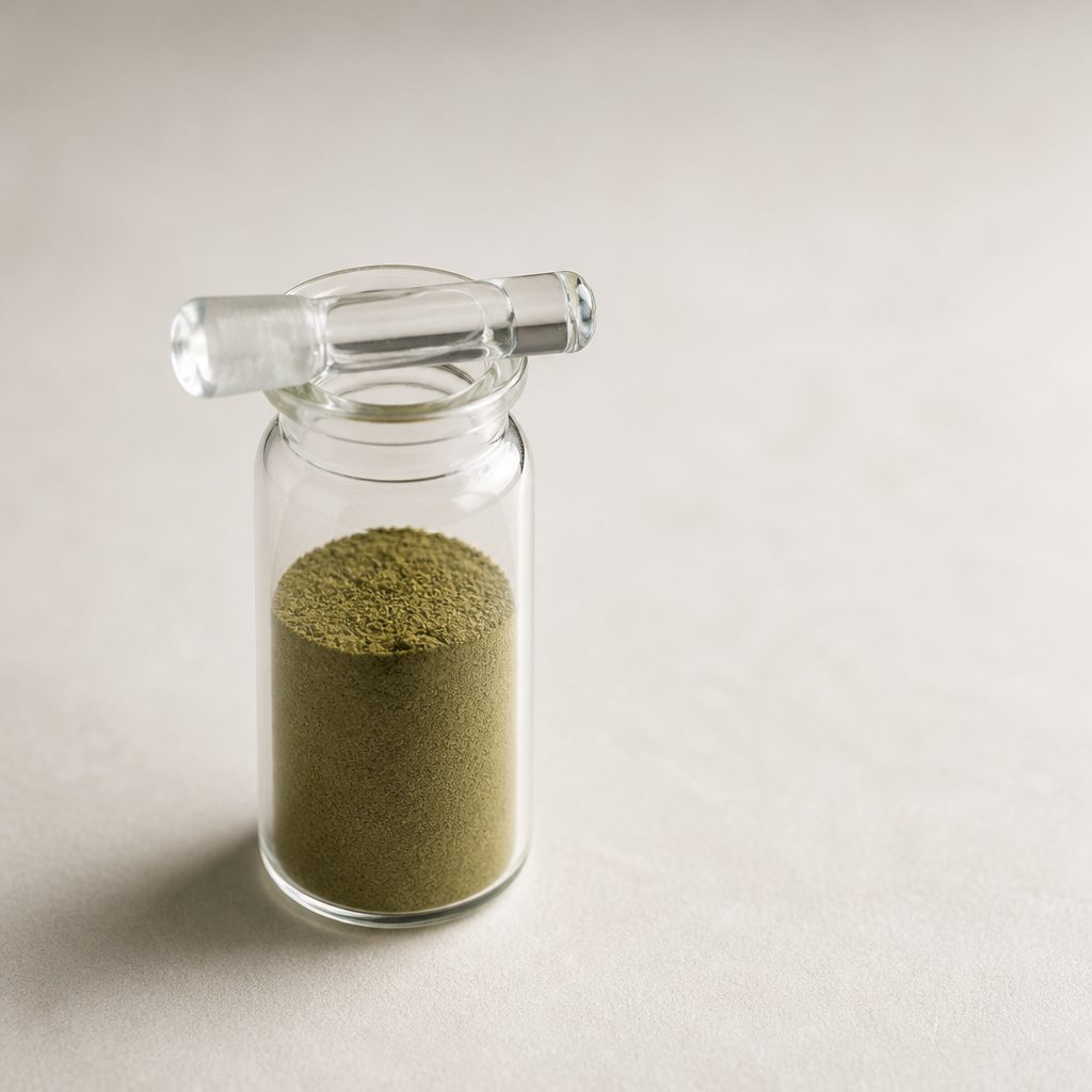 Leonurus extract powder in a glass bottle with a stopper laid crosswise