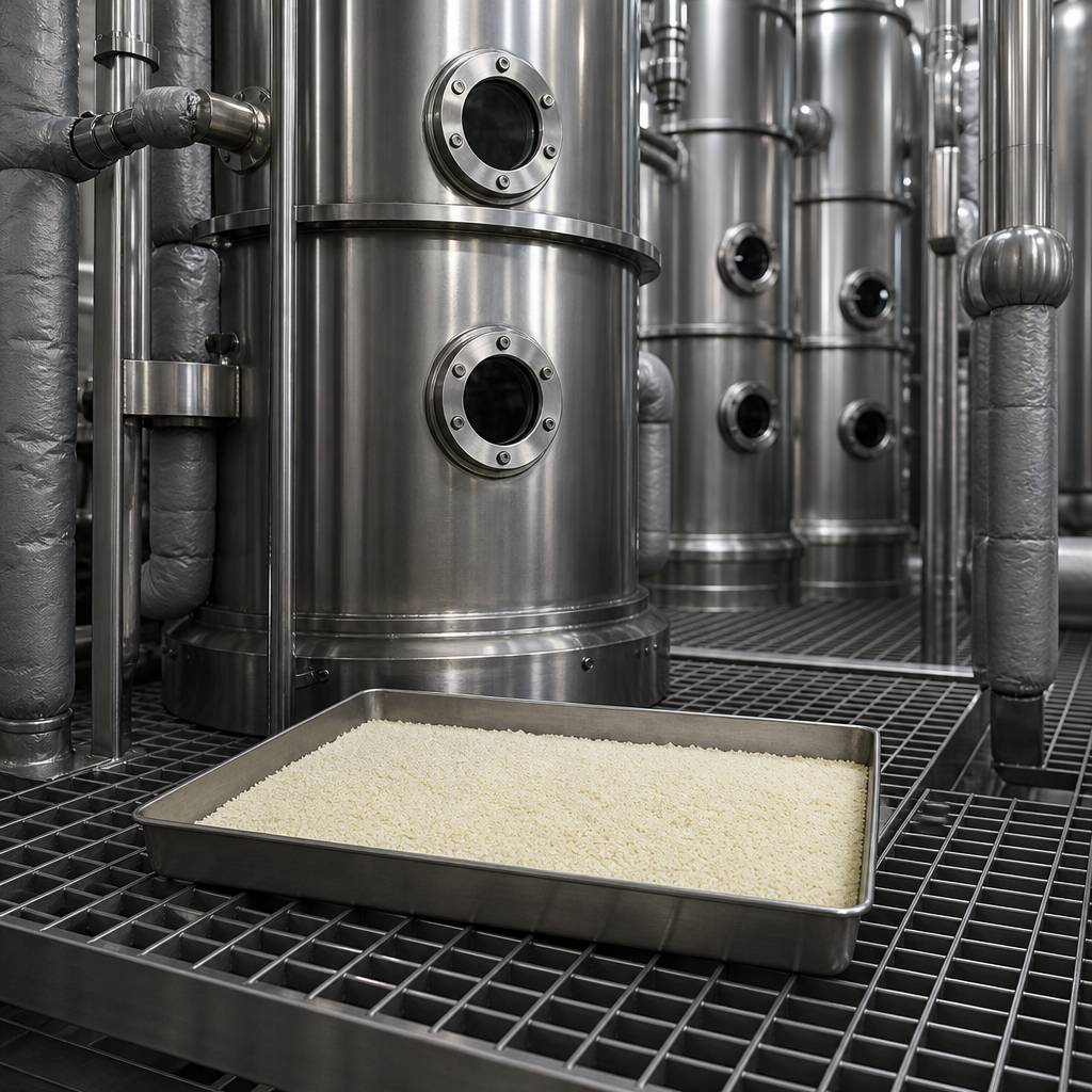 Powder tray beneath a bank of stainless counter-current extraction columns