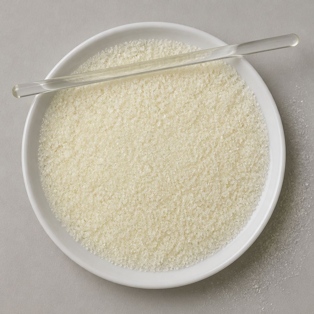 Pale yellow-white crystals in a white dish with a glass rod across the rim