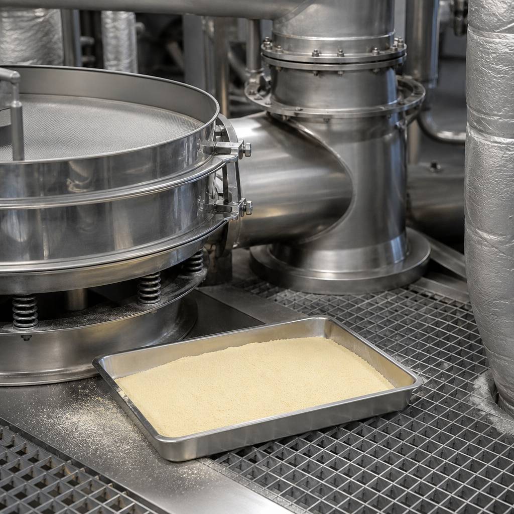 Powder tray beneath a fine-mesh vibratory sieve and air classifier