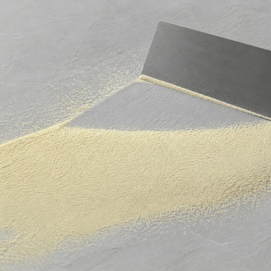 Pale yellow lycopodium spore powder banked across a pale slate tile with a steel card