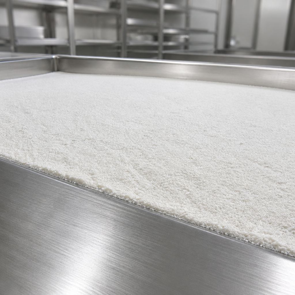 Melatonin powder bed on a stainless steel drying tray