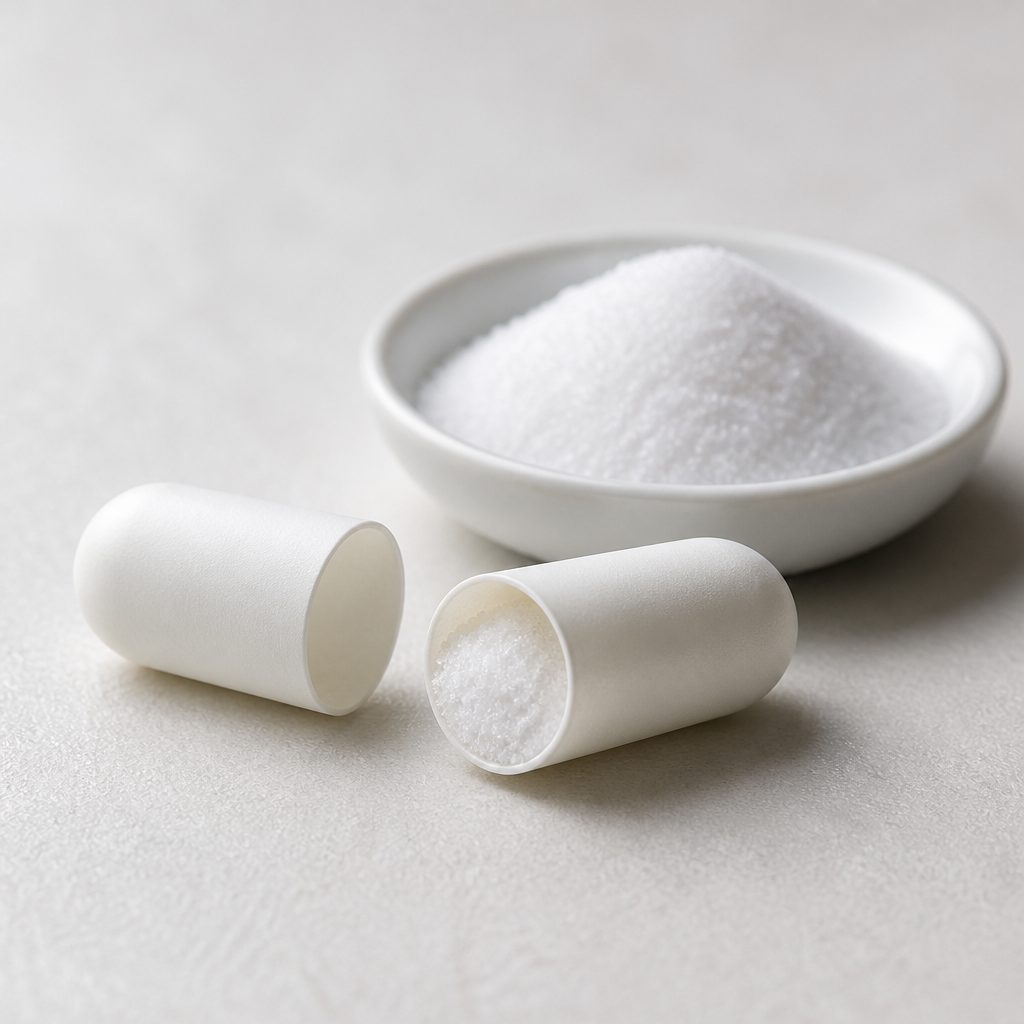 Unbranded hard capsule halves holding melatonin powder