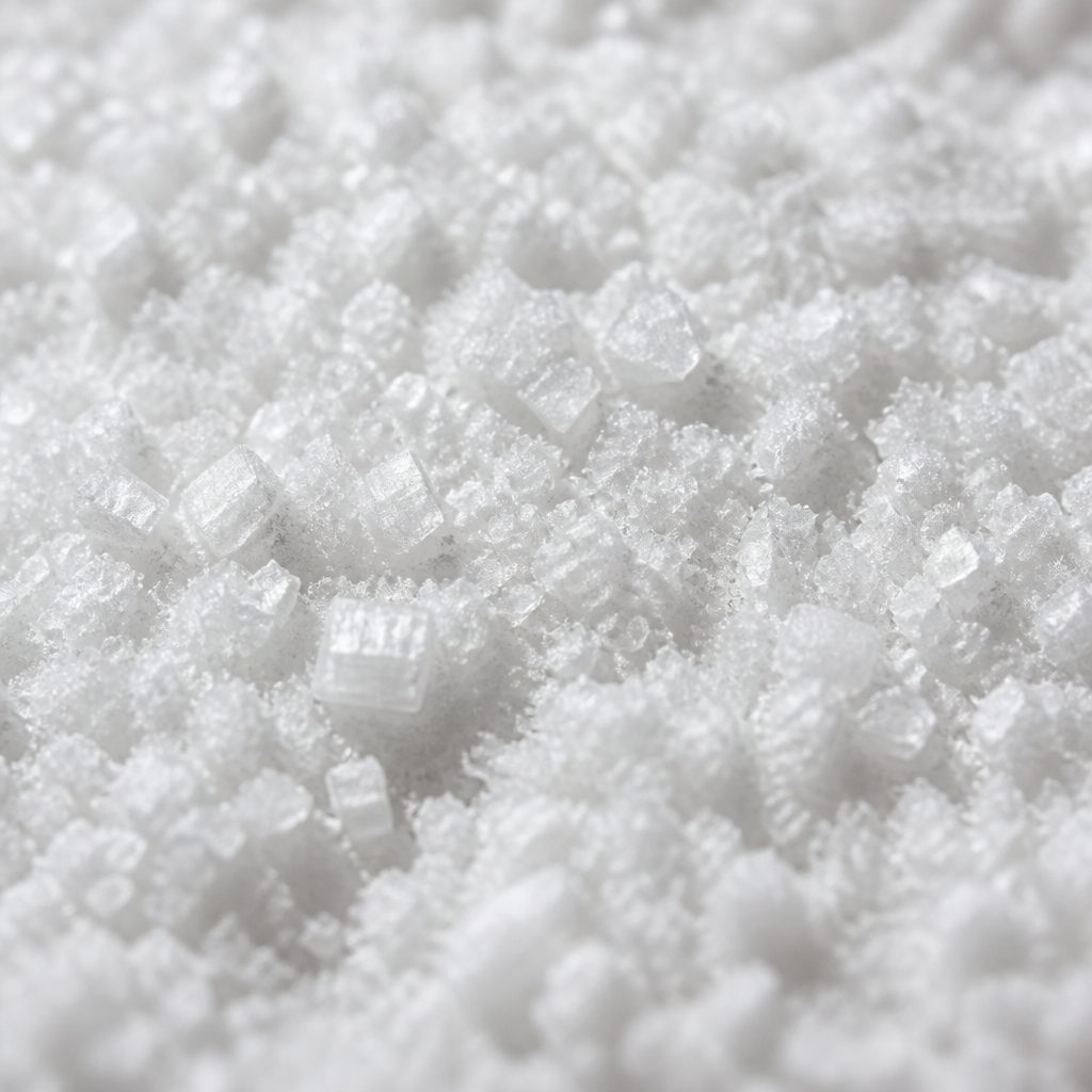 Fine white crystalline melatonin powder texture close-up