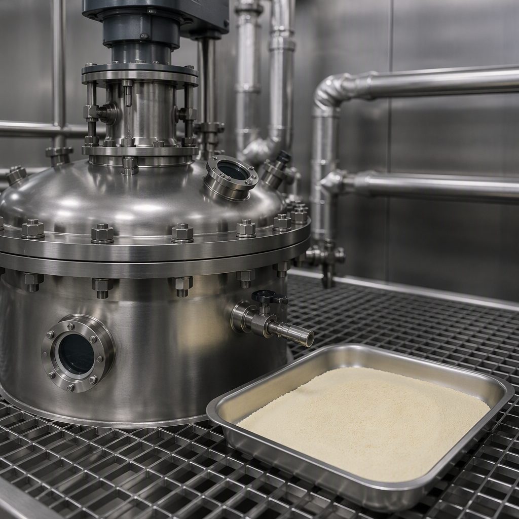 Powder tray beside a stainless precipitation reactor with a top-entry agitator