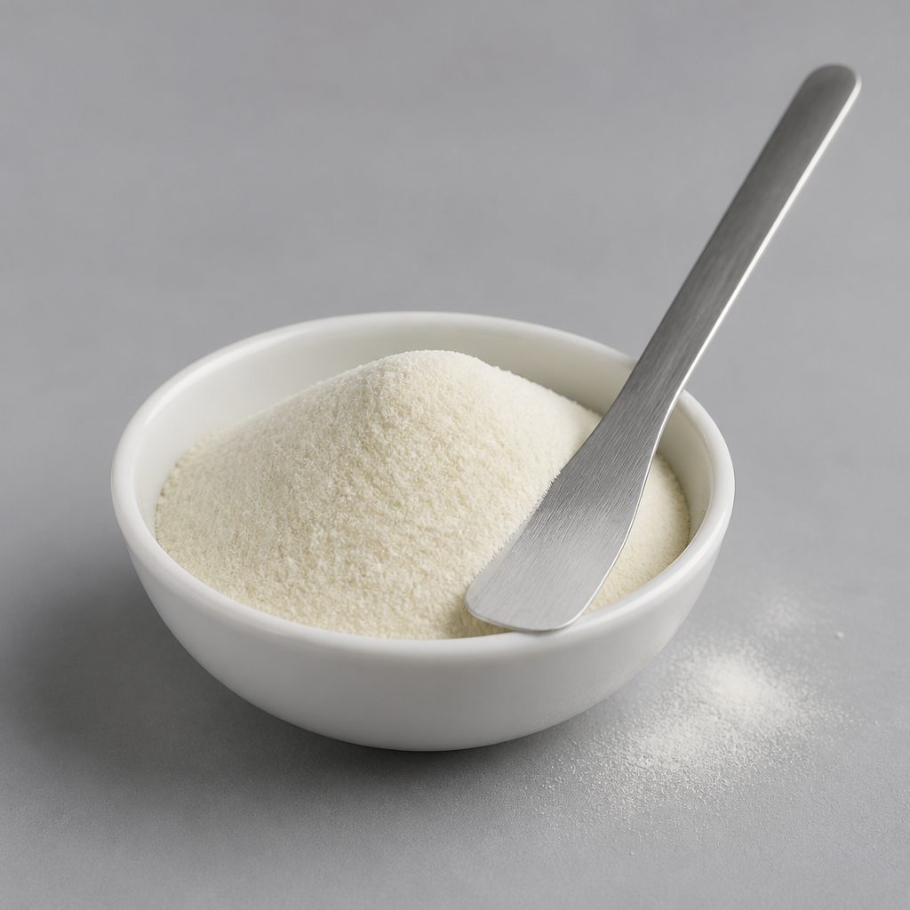 Matte powder banked in a white bowl with a stainless spatula leaning on the rim