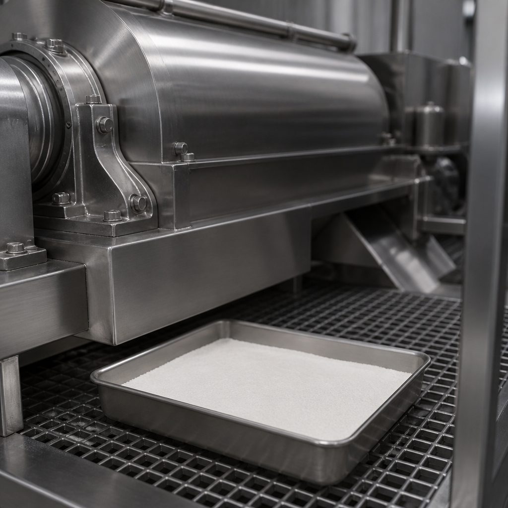 Powder tray beneath a stainless decanter centrifuge housing