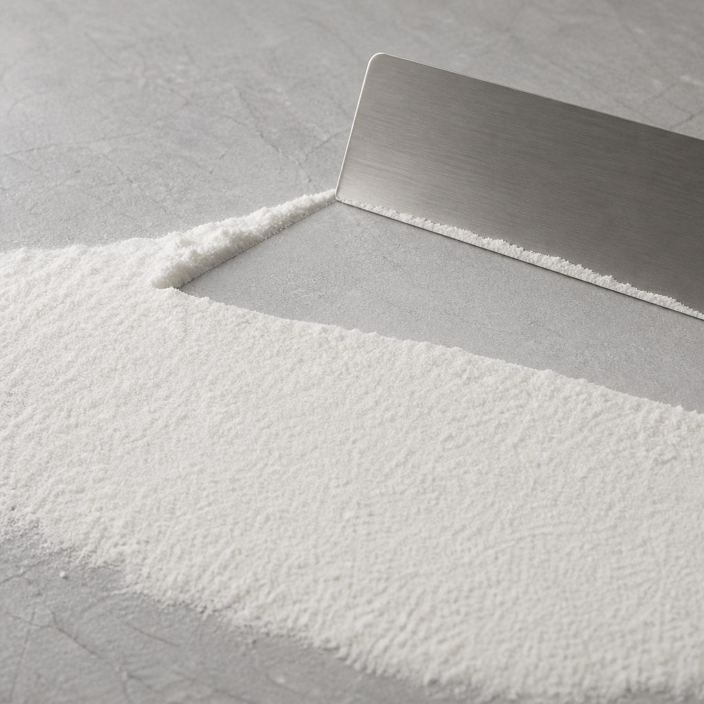 Matte white powder banked across a pale slate tile with a steel card