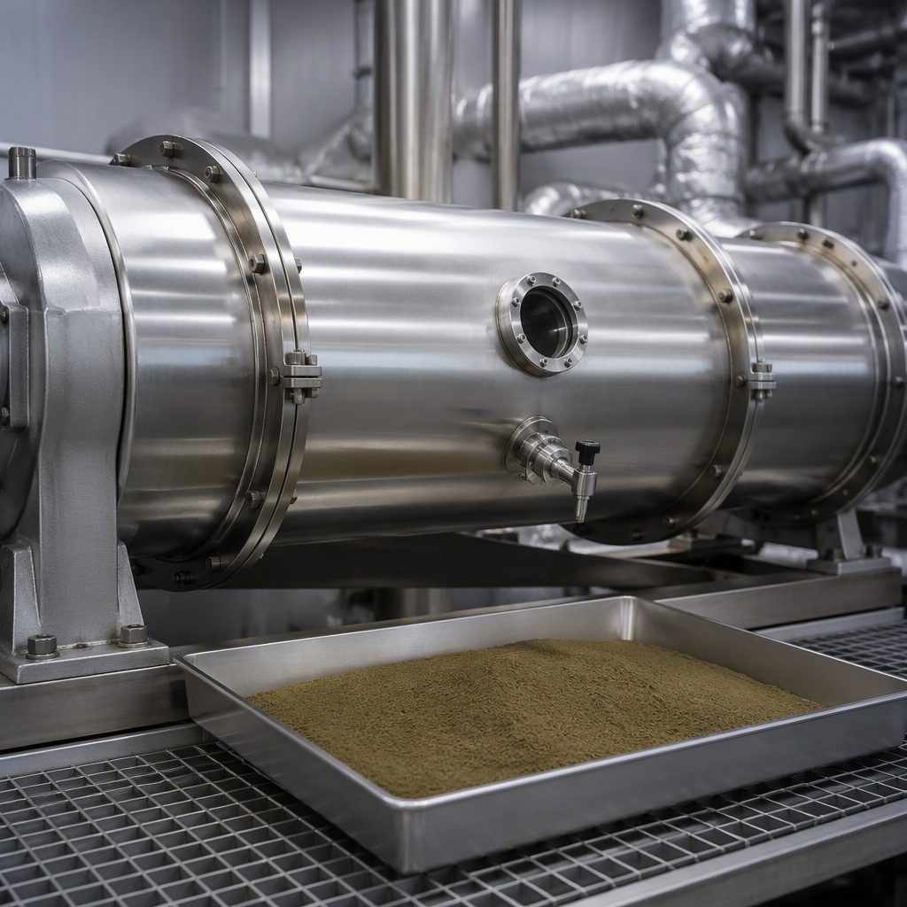 Powder tray beside a horizontal stainless rotary drum extractor