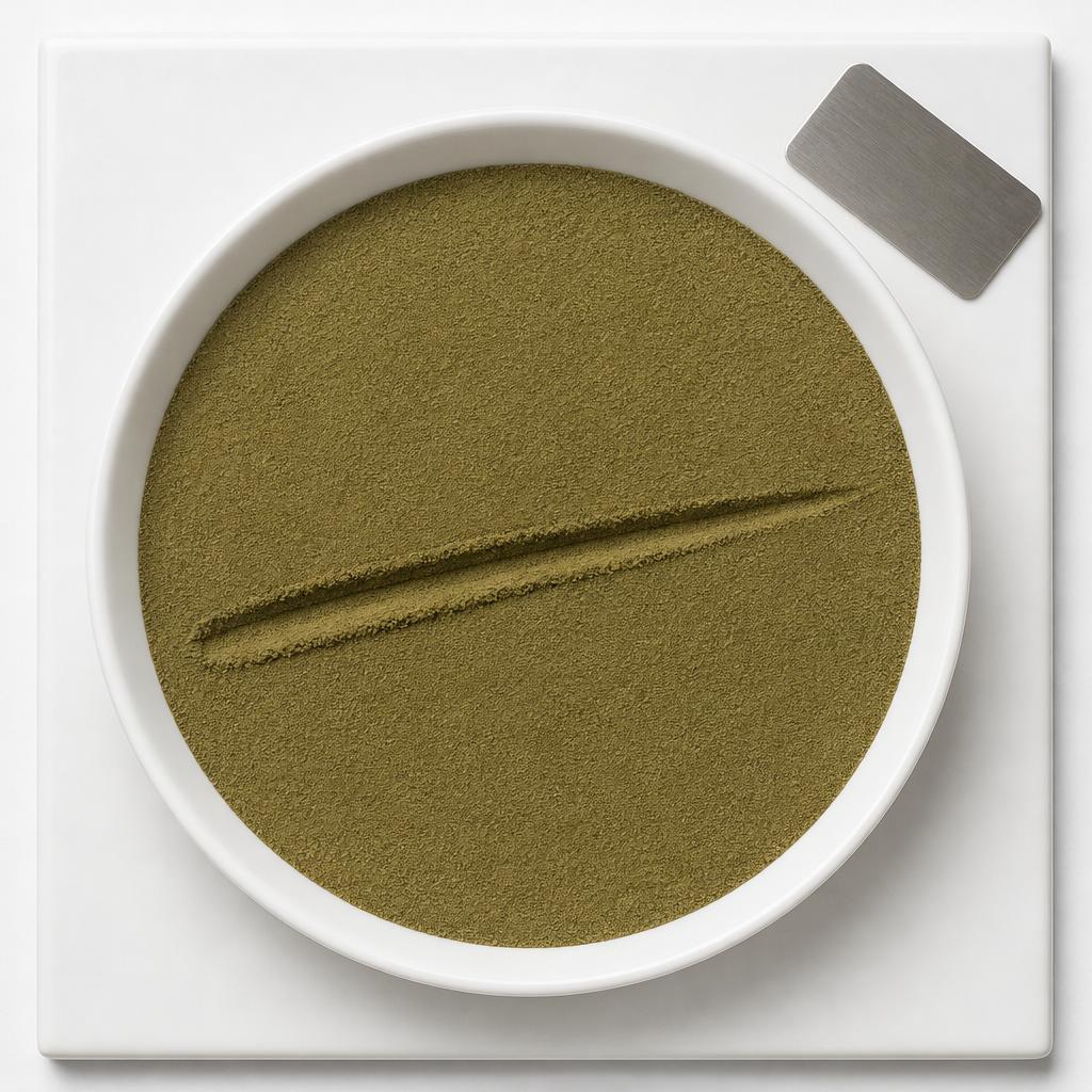 Olive-brown oolong powder layered in a white dish on a white tile, overhead view