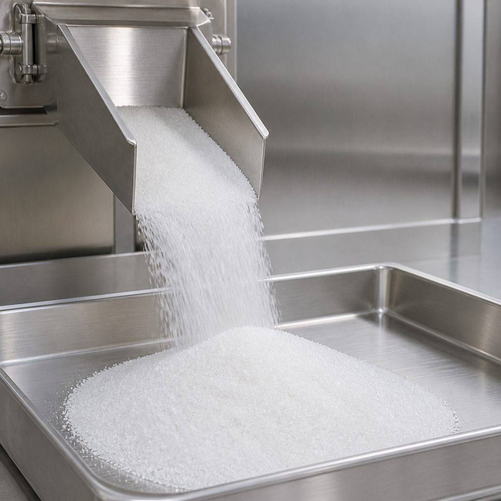 Oxymatrine powder flowing from a stainless steel chute