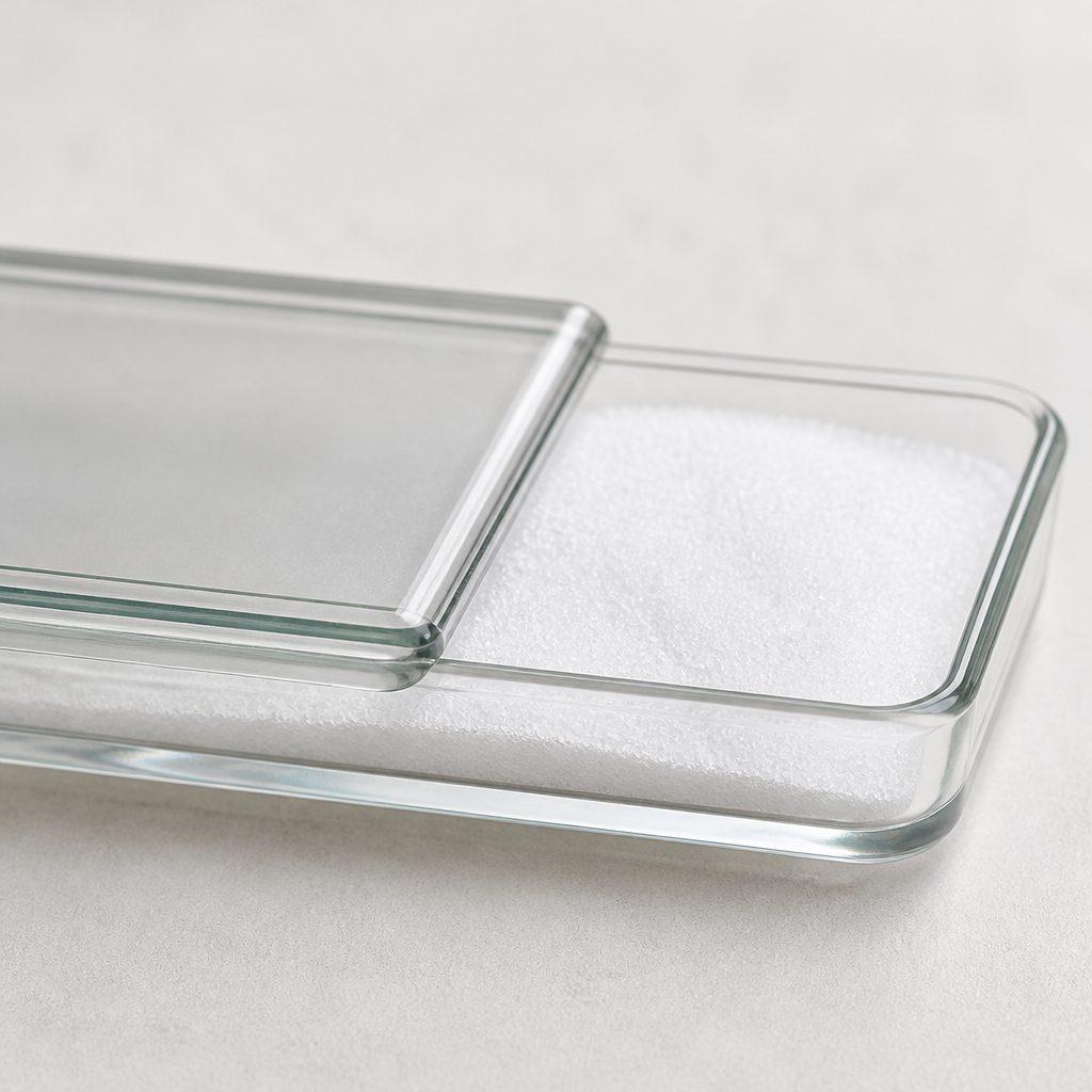 Oxymatrine powder in a glass tray with its lid slid partly across