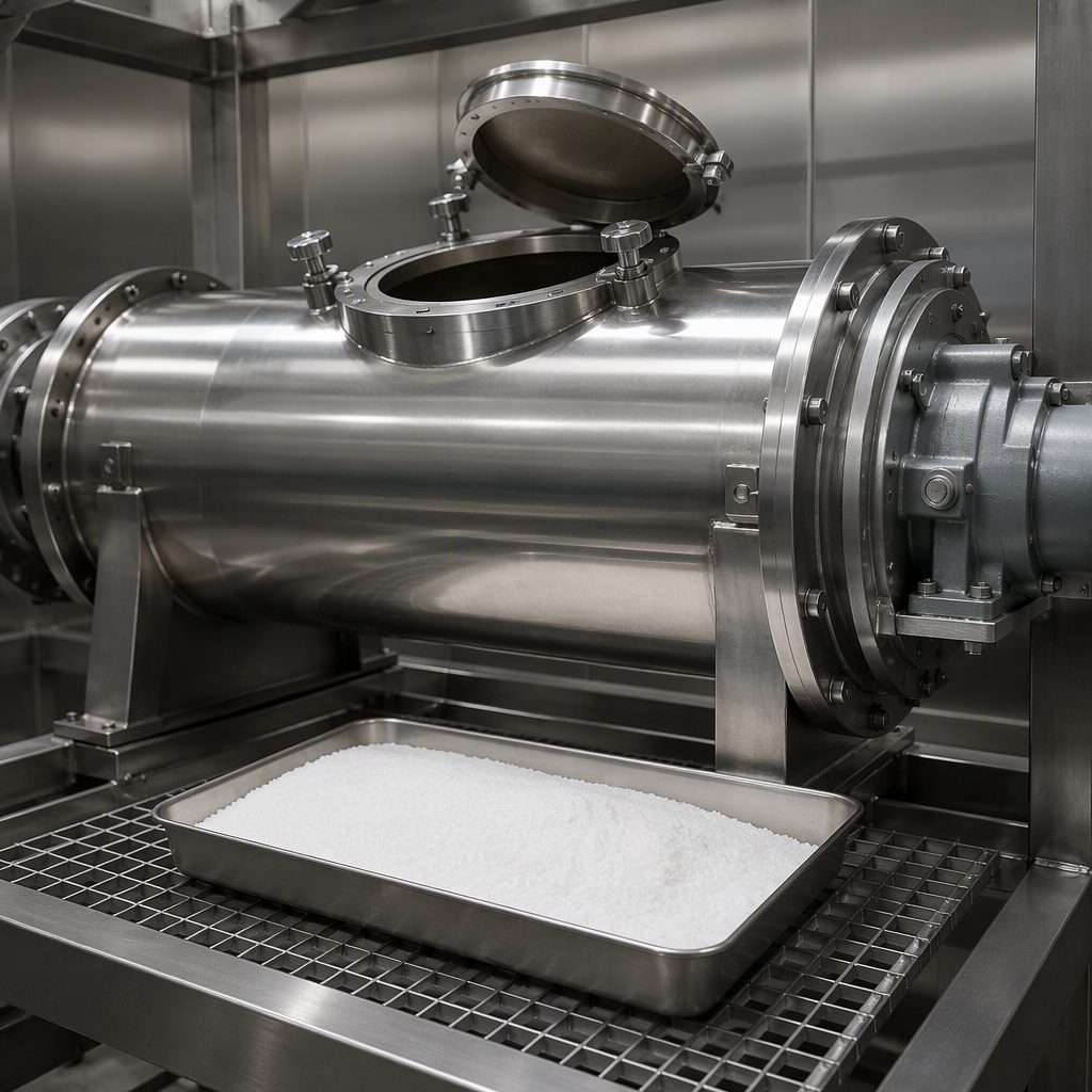 Powder tray below a horizontal stainless vacuum rake dryer with its hatch open
