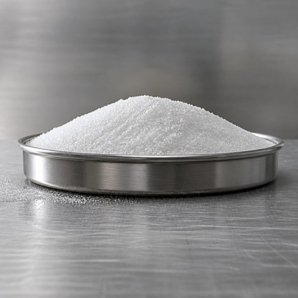 White crystals in a stainless dish on a steel bench, low side-on view