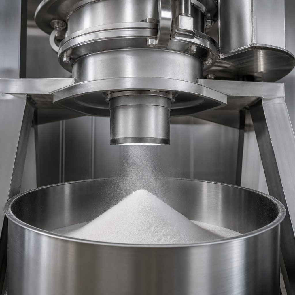 White powder cone discharged into a steel bin beneath a stainless jet mill