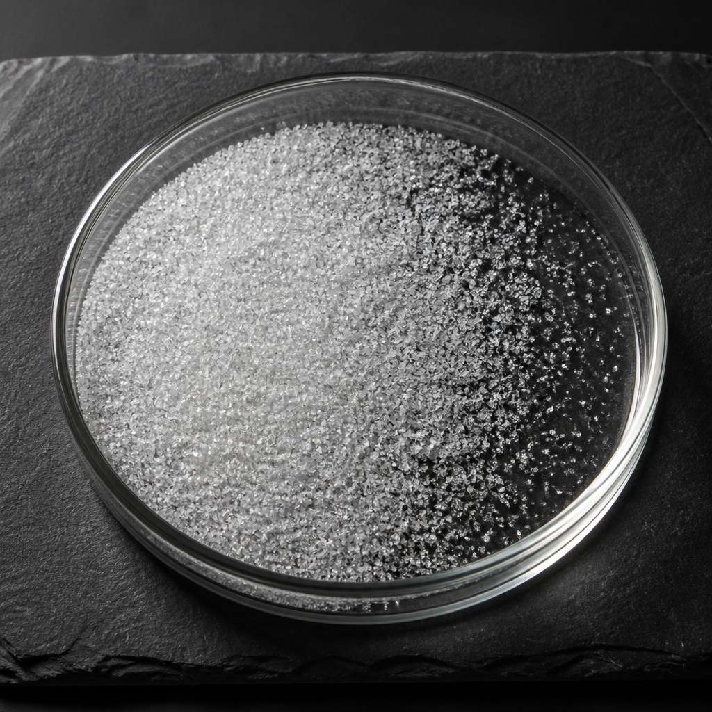 White crystals in a glass dish on a dark slate tile, steep top-down view