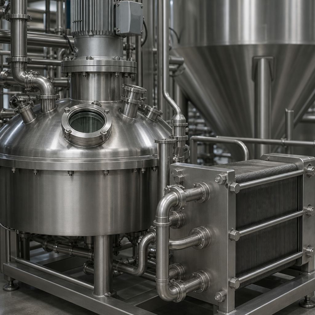 Stainless enzymatic reactor with a plate heat exchanger on its skid