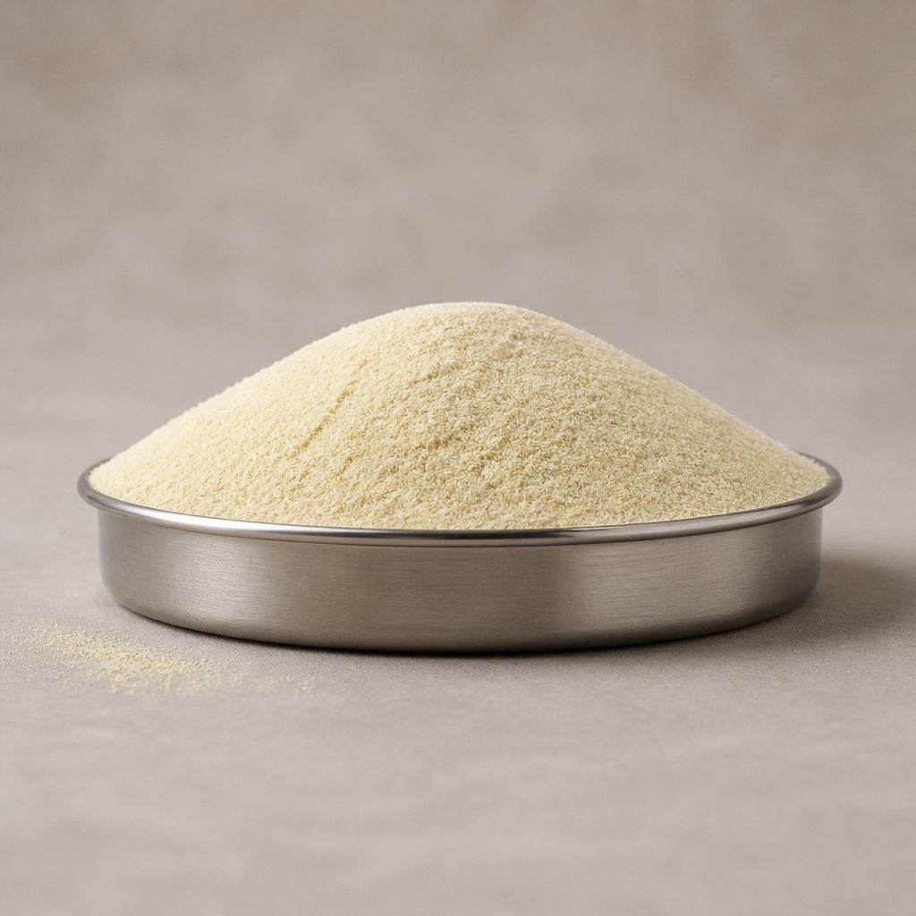 Cream phosphatidylserine powder mounded in a steel dish, low side-on view