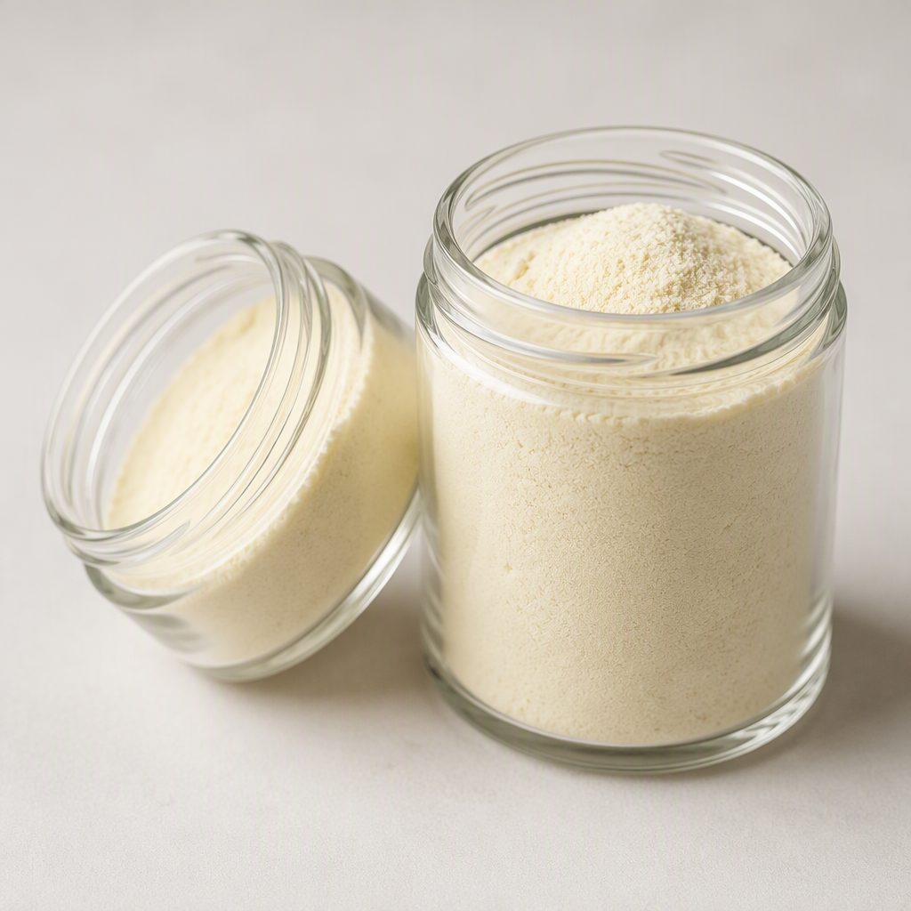 Phosphatidylserine powder in two glass jars, one leaning against the other