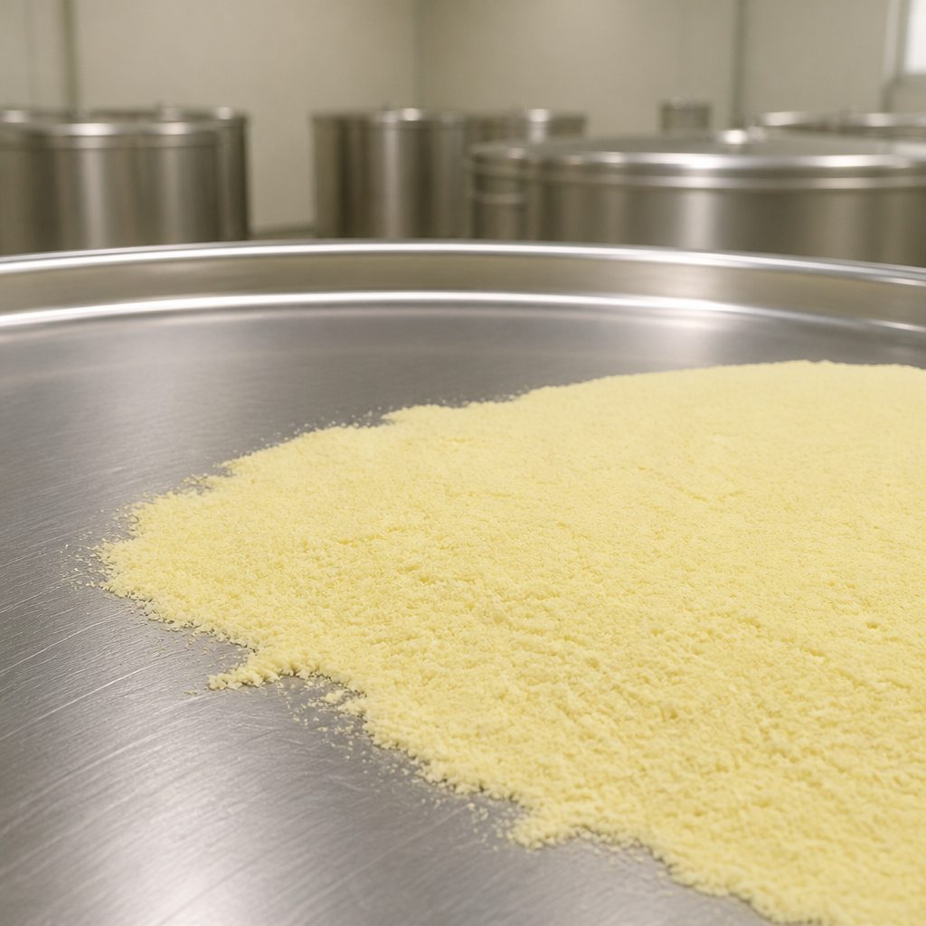 Phosphatidylserine powder on the stainless steel top of a production drum